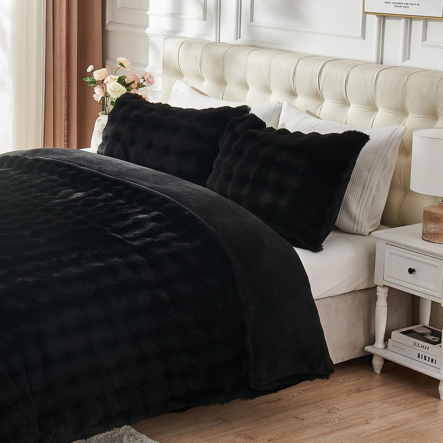 Lotus Karen Faux Fur Comforter Set Queen – Black Fluffy Big Bubble Faux Rabbit Fur Winter Comforter Sets, Warm Cozy Fuzzy Bed Set 3 Pieces, 1 Comforter and 2 Pillowcases