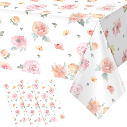 3 Pcs Spring Floral Tablecloth, Pink Wildflower Plastic Disposable Tablecloth Rectangle Table Covers for Easter, Birthday, Wedding, Baby Shower, Tea Party and Mothers Day Decorations,54 x 108 Inch