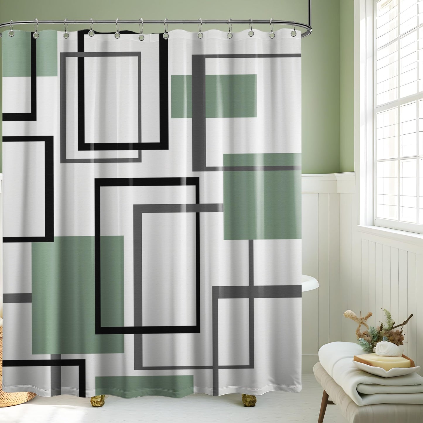 Yieldeer Geometric Shower Curtain, Green and White, 70 x 72 in