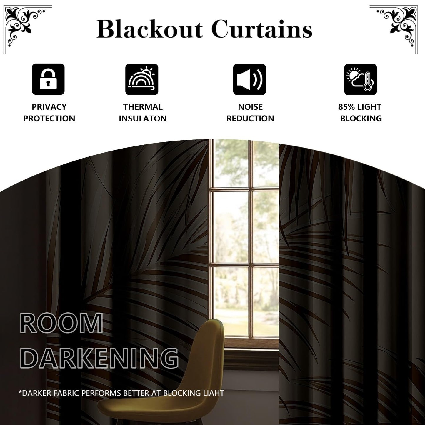 Lkobhhs Tropical Palm Leaves Blackout Curtains for Bedroom, Plant Leaf Pattern Grommets Curtains Room Darkening Soundproof Thermal Insulated, Brown Drapes 28" W x 63" L 2 Panels Set