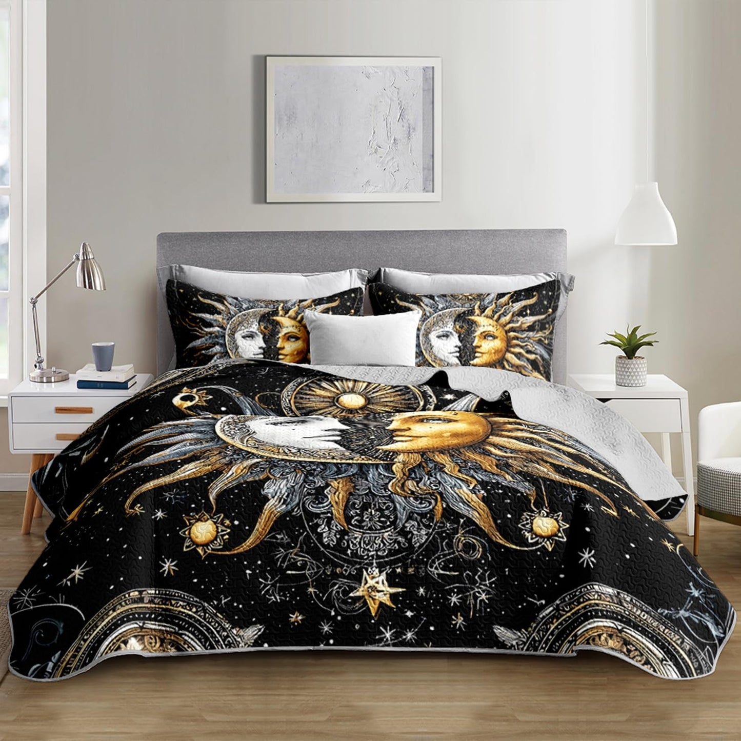 XYNHML Sun Moon Star Quilts Bedding Full 3Pcs Mystic Celestial Galaxy Starry Quilt Bed Set Occult Crescent Lightweight Soft Bedspread Coverlet with 2 Pillowcases for Kid Boy Girl Teen Adult Bed Decor