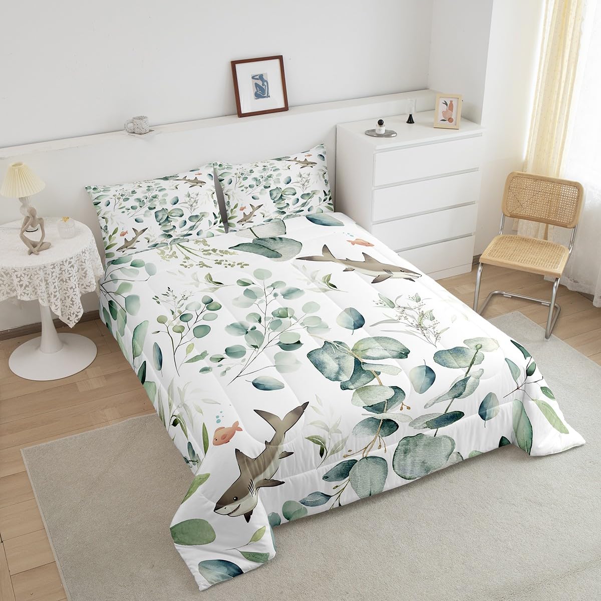 Erosebridal Girls Kawaii Animal Bedding Twin Size Cute Shark Comforter Set Twin, Cartoon Wildlife Duvet Insert Green Leaf Quilt Comforter, Plant Bedding Comforters & Sets Child Kids Bedroom Decor