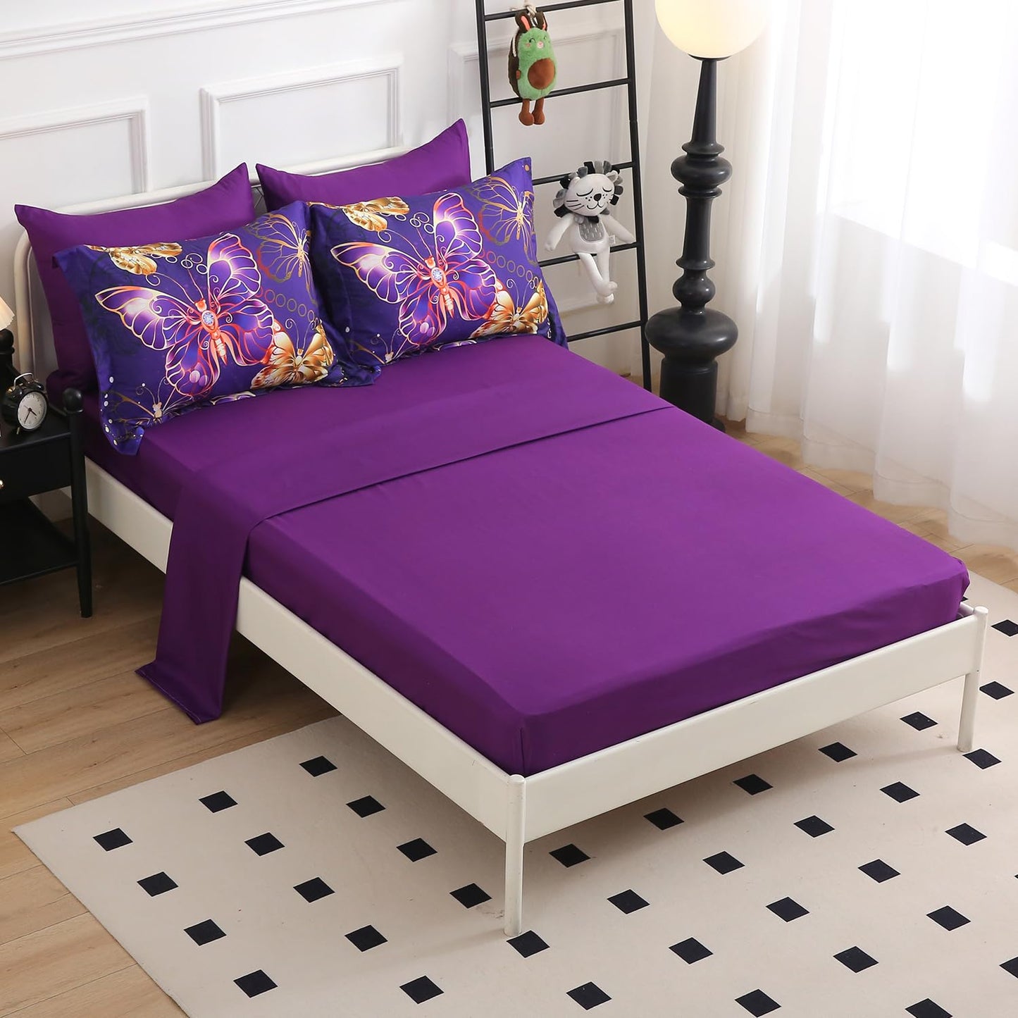 Jameswish 7 Piece Butterflies Comforter Set Full Size 3D Gold Violet Butterflies Bedding Set for Kids Girls Women for Birthday Christmas Gift