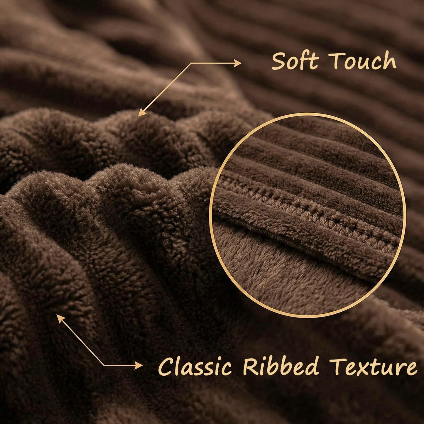 Vessia Flannel Fleece Throw Blanket, 300GSM Cozy Brown Stripe Throw for Couch, Sofa and Bed, Warm and Soft Chocolate Microfiber Ribbed Blanket for All Season