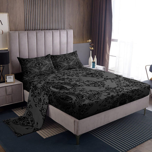 Feelyou Adults Black Vintage Damask Floral Sheet Set Oriental Antique Sheets with Deep Pocket Fitted Sheet Full Size Gothic Bohemia Boho Bed Sheets Set Exotic Sugar Skull Bedding Set Bed Set 4Pcs