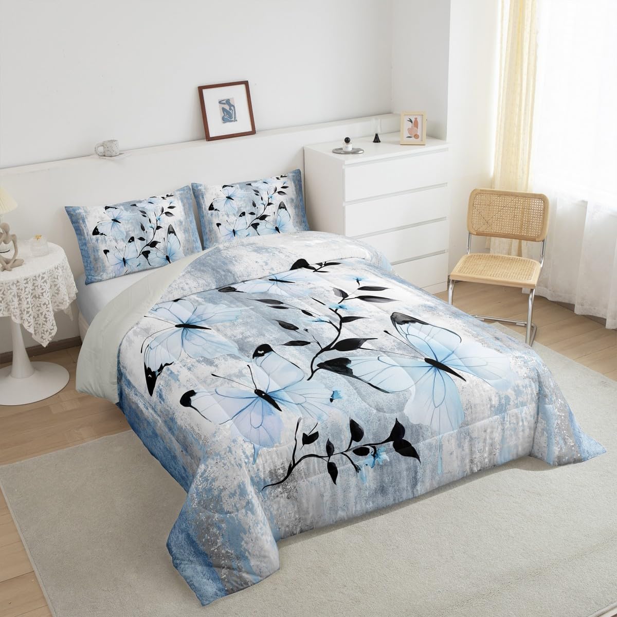 Erosebridal Blue Butterfly Queen Comforter Set Butterflies Wild Flying Animals Bedding Set Abstract Oil Painting Bed Set Watercolor Rustic Farmhouse Quilt Set Ombre Blue Grey Design for Adults