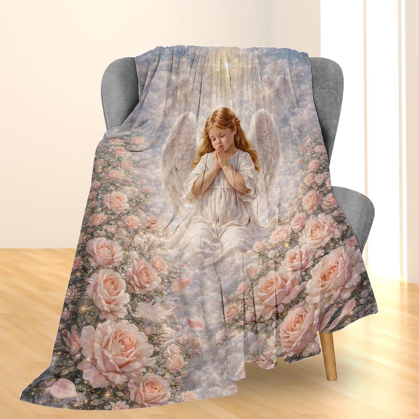 Ti Caldi Praying Angel Heavenly Sky Blanket Gifts, Spiritual Faith Art Flannel Throw Blanket for Couch, Bed, Travel & Decor, Cozy Lightweight Warm Blankets for Girls Women Christian 60×50 in