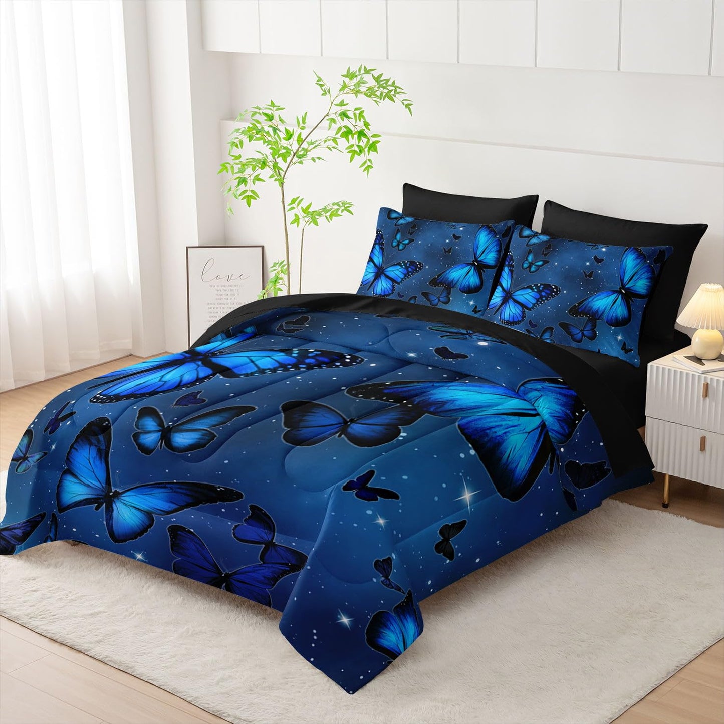 Smell Sunshine 7Pcs Blue Butterfly Comforter Set Animals Printed Bedding Set with 1 Comforter, 1 Flat Sheet, 1 Fitted Sheet and 4 Pillowcases for Boys and Girls Bedroom (Butterfly Twin