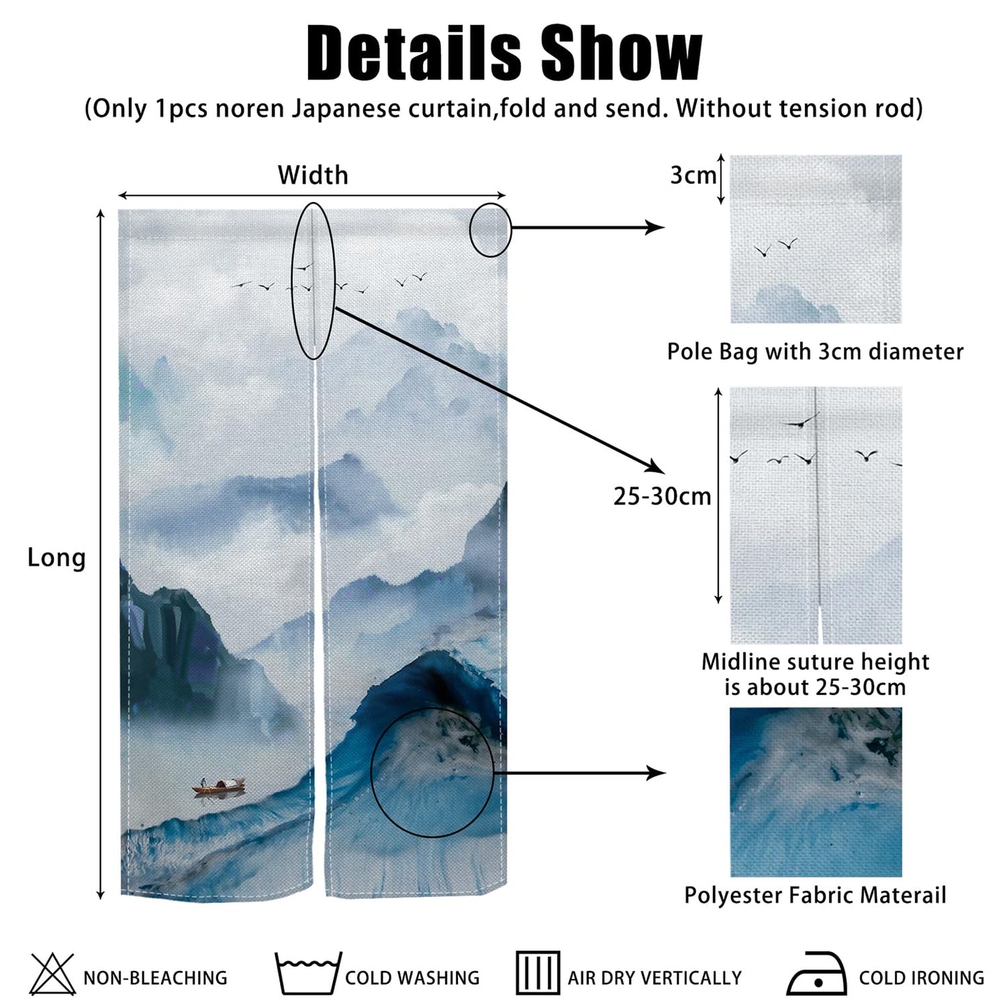 Leowefowa Japanese Noren Doorway Curtain Long Style Chinese Traditional Ink Mount Print Window Treatment Entrance Fengshui Door Tapestry for Hanging Room Divider Kitchen Home Decor, 33.5"x 70.9"