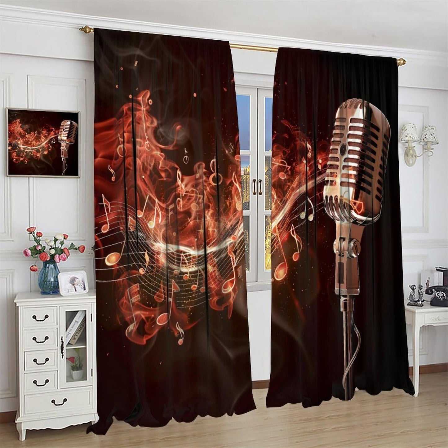wlsgdsg Music Curtains Retro Cool and Trendy 3D Flame Art Microphone Music Notes Windows Treatments Rod Pocket Drapes for Kids Boys Girls Living Room Bedroom 42x44.5In（No Blackout）