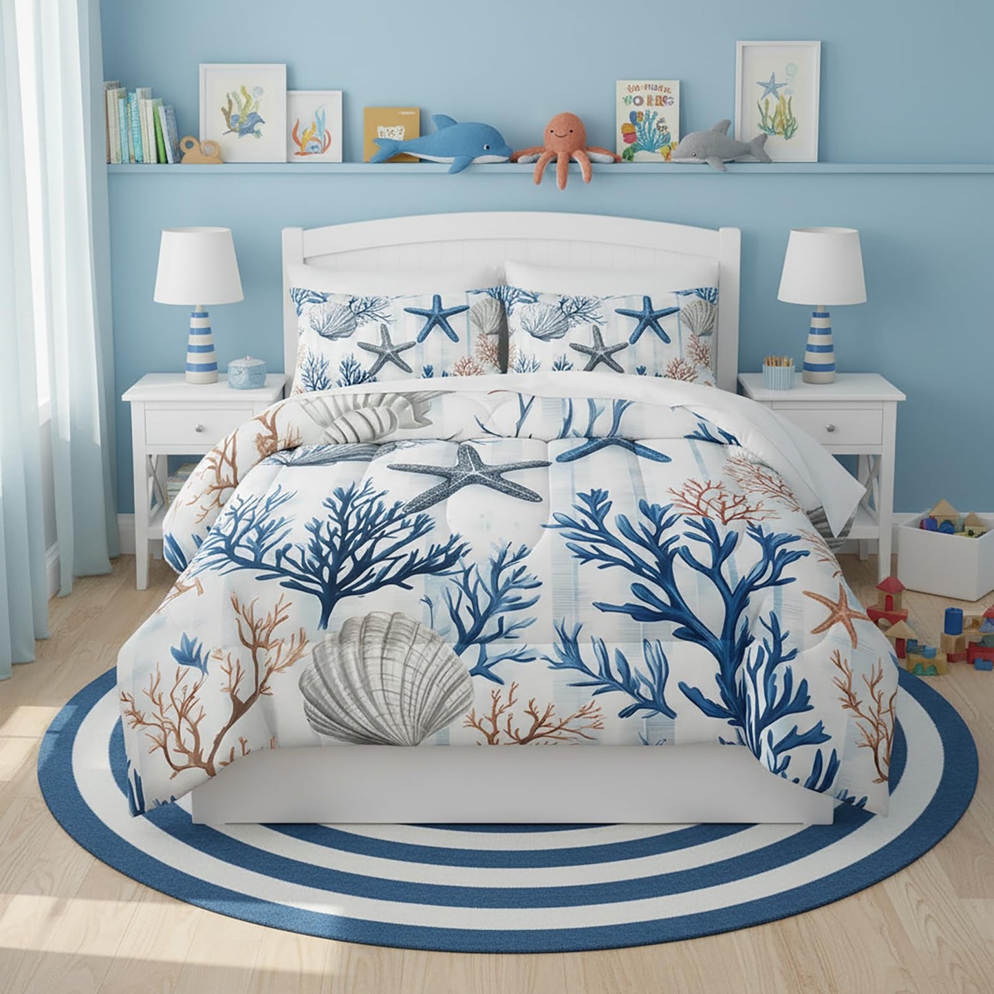 QOOMO Coastal 7 Pieces Comforter Set Queen Size,Coral Starfish Bedding Set for Kids Teens Girls-Include 1 Comforter,1 Fitted Sheet,1 Flat Sheet,2 Printing Pillowcases and 2 Black Pillowcases