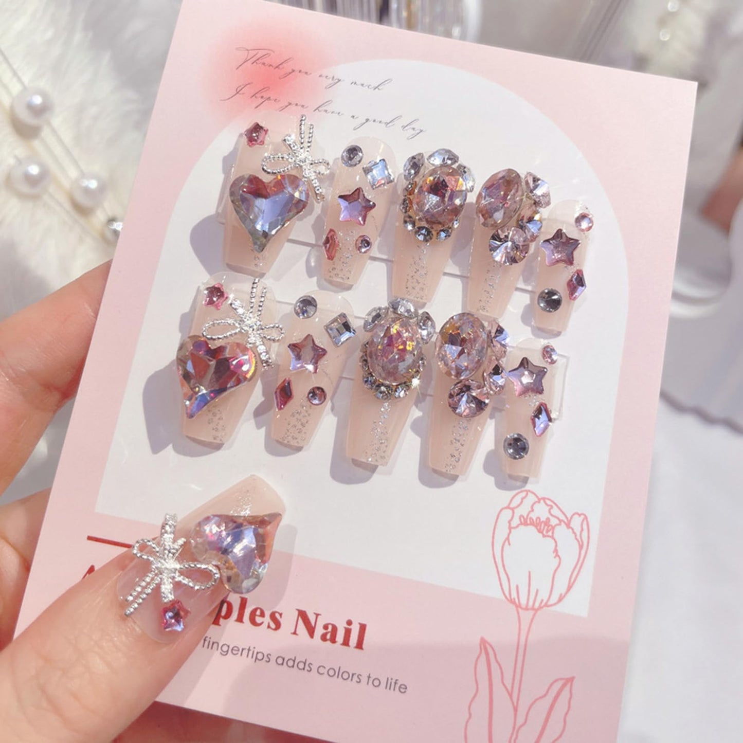 SINHOT Luxury Press on Nails - Long Coffin Fake Nails 3D Handmade Reusable False Nails with Rhinestone Designs,DIY Artificial Nail Art, 24pcs