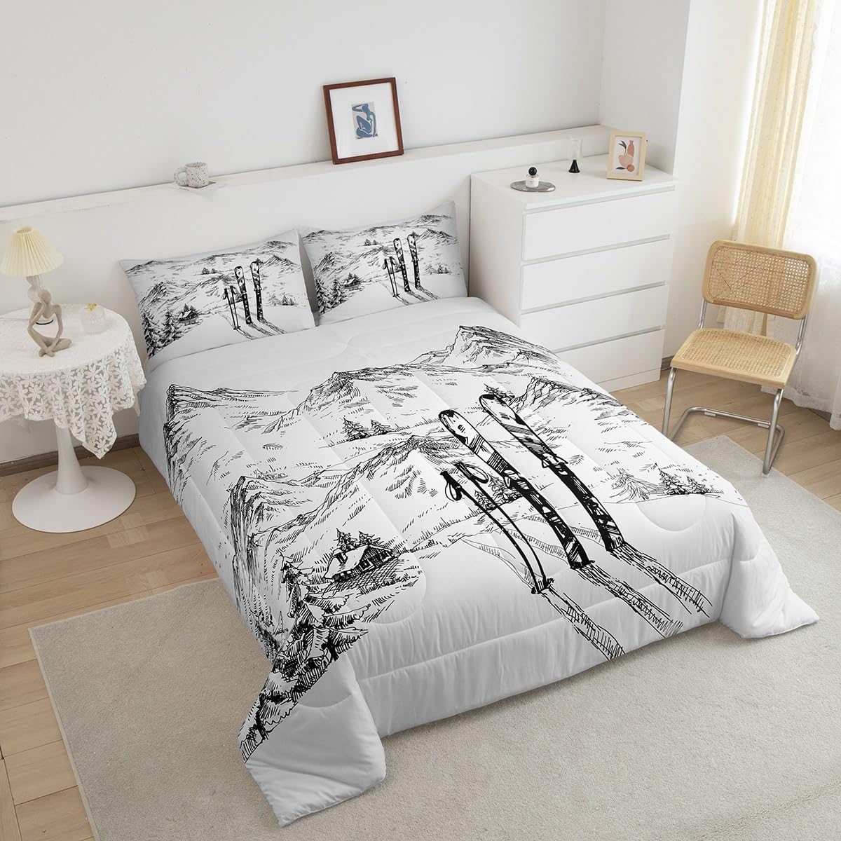 Erosebridal Ski Comforter Set Full, Winter Sports Games Duvet Sets for Kids Teens Adult Bedroom, Winter Skiing Bedding Set Mountain Sketch Illustration Quilted Duvet 3 Piece with 2 Pillow Cases