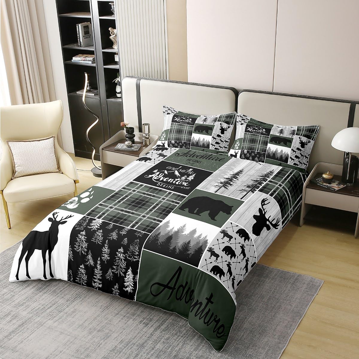 Erosebridal Retro Cabin 100% Cotton Duvet Cover Queen Size Plaid Patchwork Bedding Set For Boys Teens Adult Bedroom Woodland Wildlife Deer Bear Comforter Cover Country Farmhouse Wild Animal Bedclothes