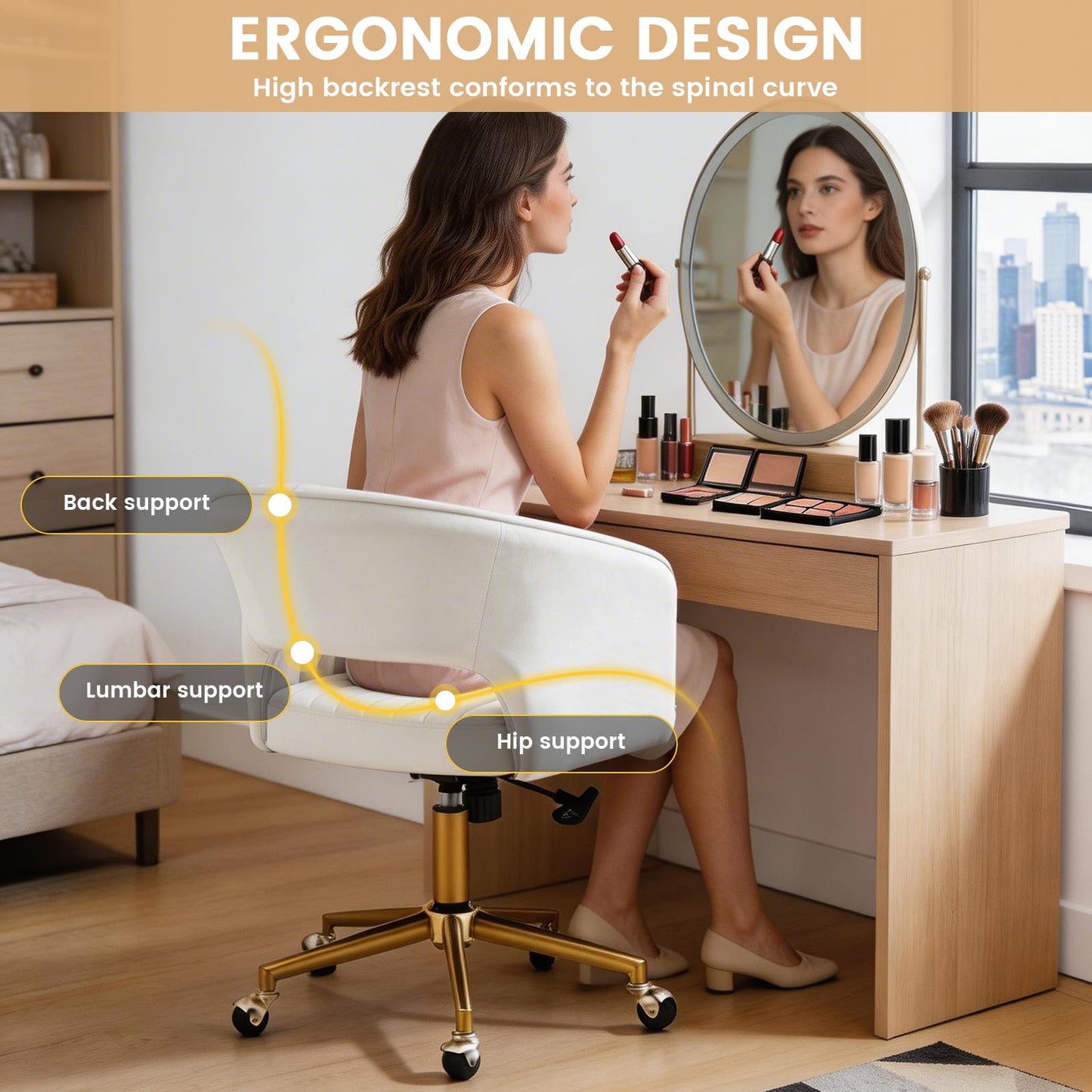 FENFSHE Home Office Desk Chair, Vanity Chair with Back 360 Swivel Armchair and Gold Base, Velvet Criss Cross Chair with Wheels for Vanity Home Office, Living Room, Bedroom and Study (Beige)