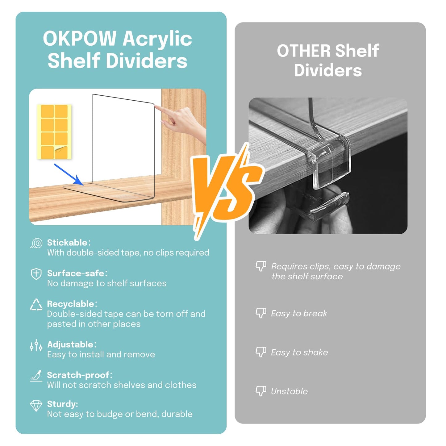 OKPOW Shelf Dividers for Closet Organization: 12 Pack Durable Clear Acrylic Divider Organizer for Shelves - Vertical Adjustable Shelving Separators for Clothing Purse
