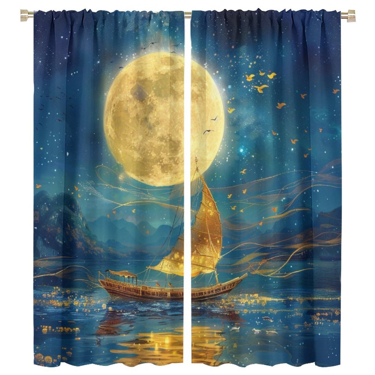 TOWINSFB Ancient Sailboat Star Moon Blackout Curtains for Living Room Bedroom, Night Nautical Ocean Scenery Window Curtains Rod Pocket Thermal Insulated Window Drapes, 2 Panels, Each 21W x 45L