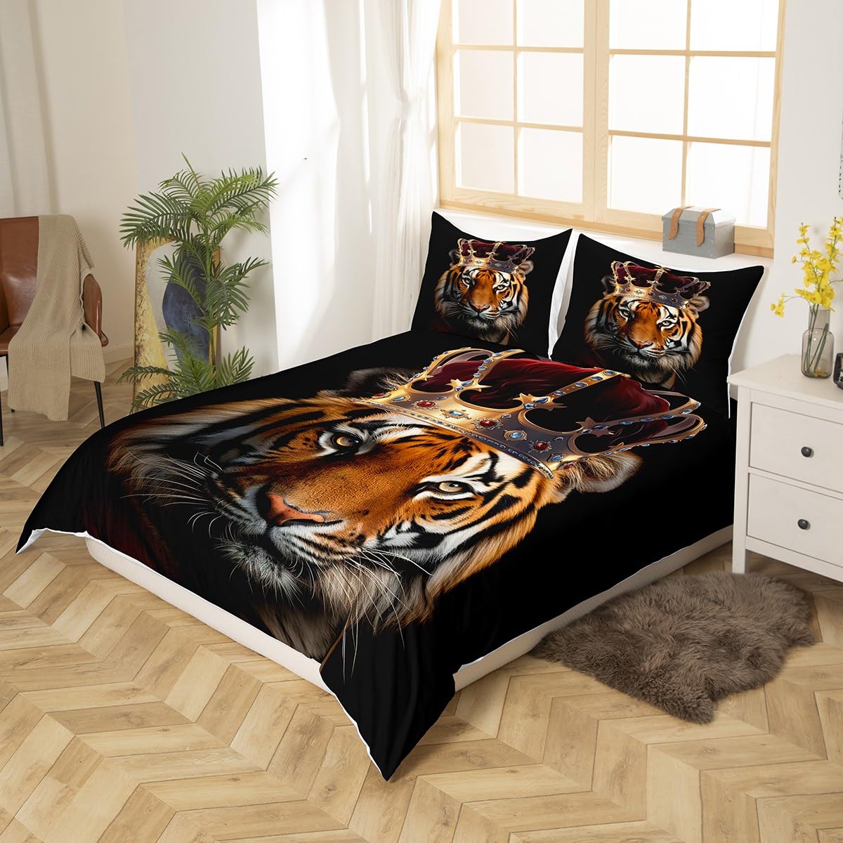 Homewish Wild Tiger Duvet Cover Set Full Size,3D Wildlife African Tropical Animal Comforter Cover with 2 Pillowcases,Golden Crown Print Black Breathable Bedspread for Boys Teens