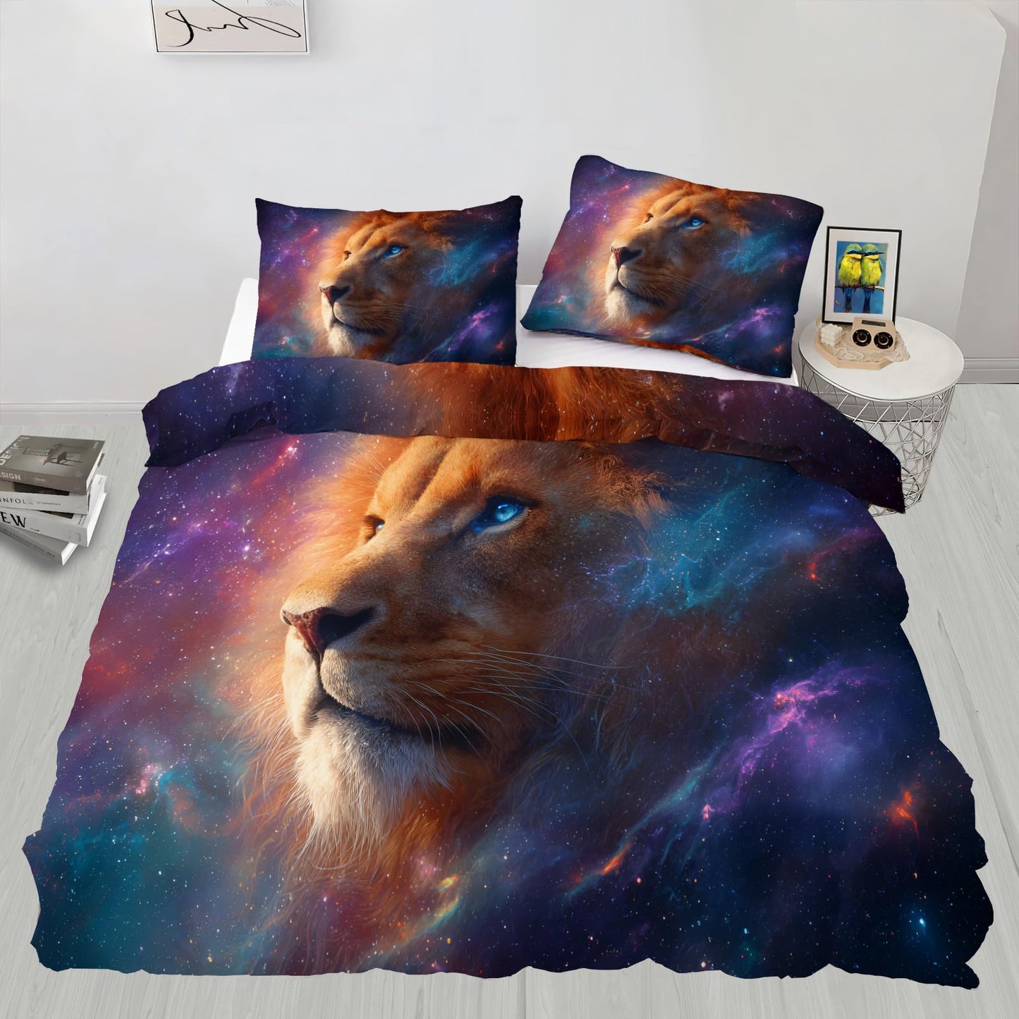 ZAOMIR Lion Duvet Cover Set & Corner Ties for Boys Teen, Space Fantasy Animal Bedding Set Twin for Adult Kids, Cosmic Nebula Galaxy Starry Sky Comforter Cover Reversible Bedding with 2 Pillowcases