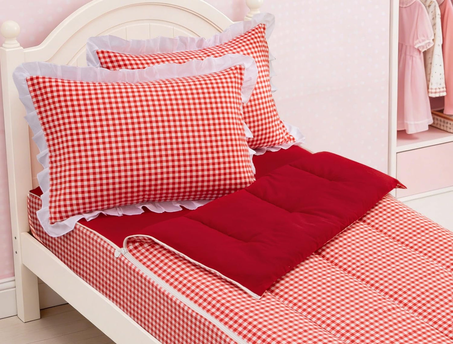 Meeting Story 3pcs Zipper Bedding Twin Kids Checked Plaid Red Comforter Set for Girls and Kids(Red,Twin)