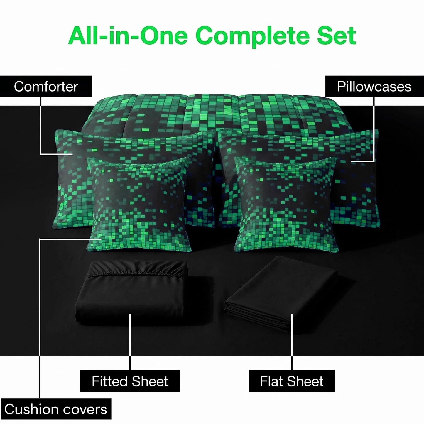 Feelyou Green Black Pixel Art Comforter Set with Sheets 7 Piece Twin Size Gamer Bedding Set for Kids Boys Girls Retro Pixel Bed in a Bag Nostalgic 8-bit Room Decor Soft Lightweight Microfiber