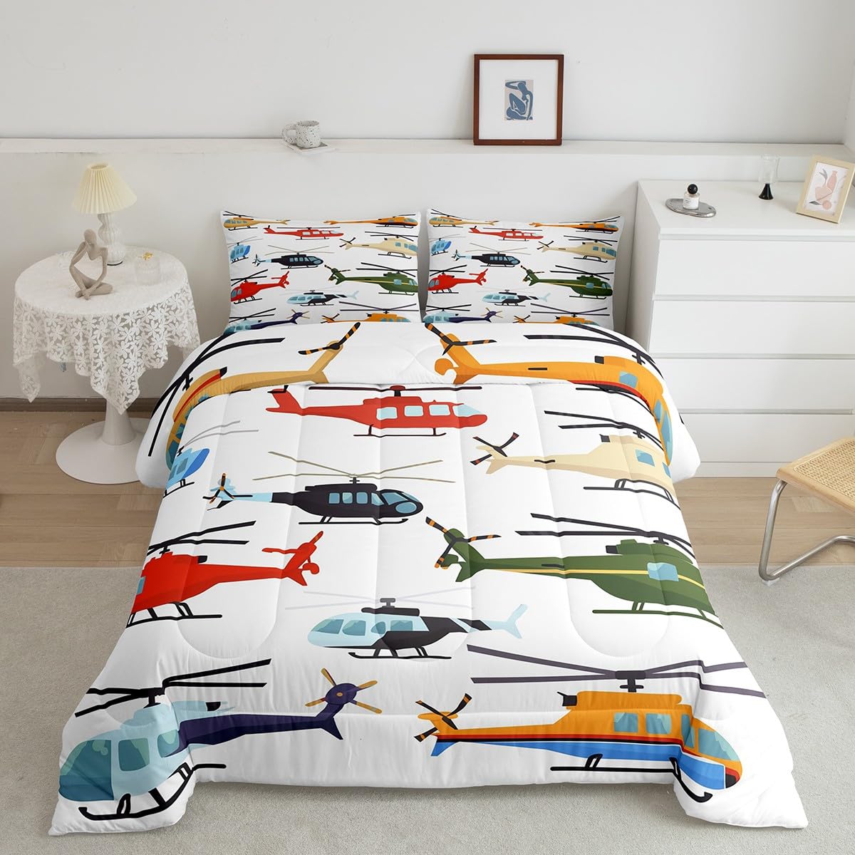 Aircraft Twin Size Comforter Set for Kids Boys - Airplane Duvet Insert and Pillow Case - White