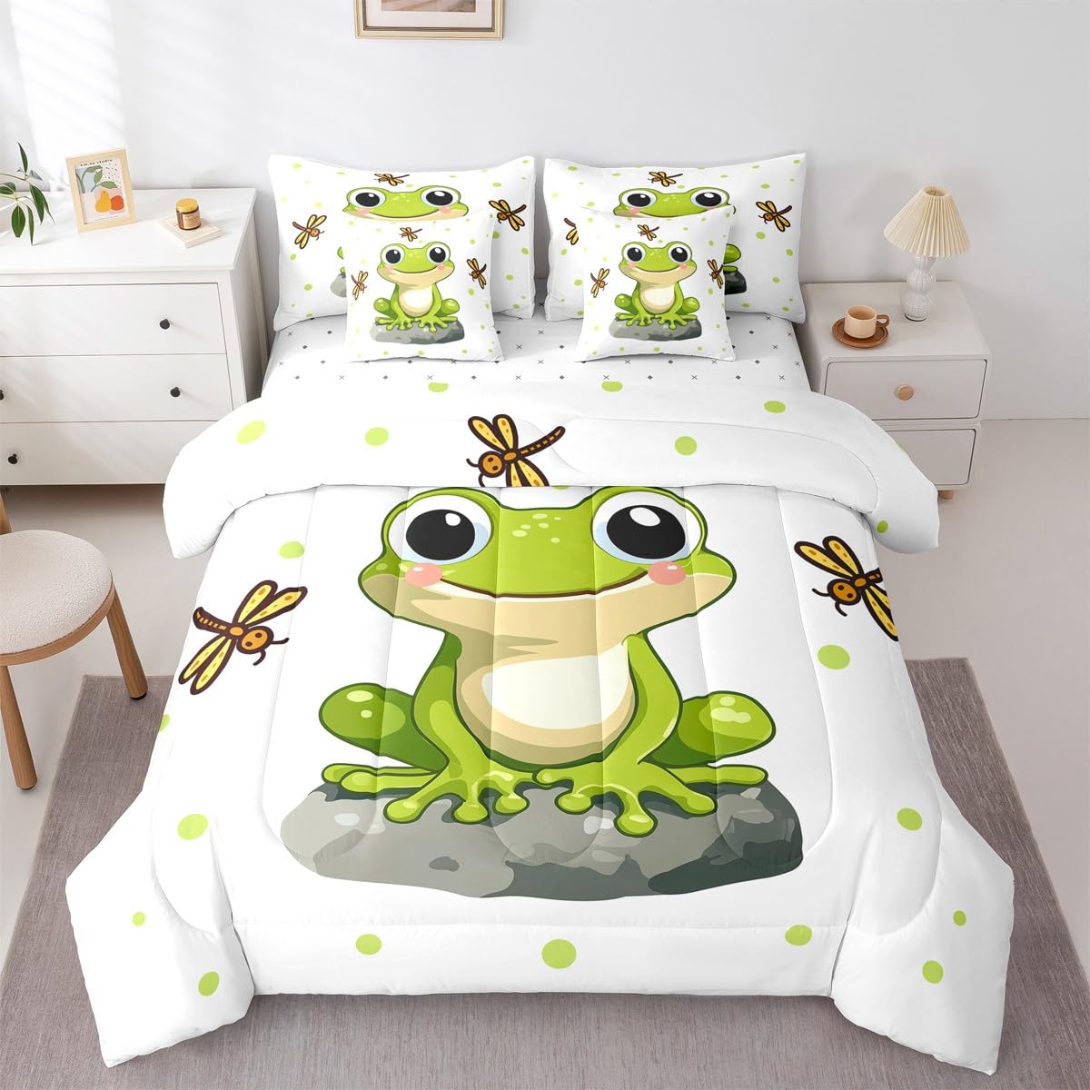 Erosebridal Kids Cartoon Frog 7 Piece Bedding Set Full Dragonfly Comforter Set with Sheets Reptile Animal Bed in A Bag Gray Stone Pattern Bed Sets
