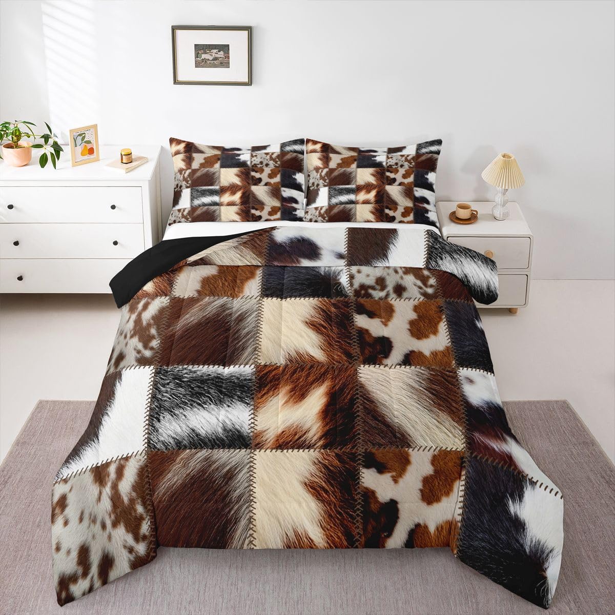 jejeloiu Cowhide Pattern Comforter Set Queen Size Cow Fur Print Bedding Set for Boys Girls Cowhide Patchwork Duvet Quilt Western Farm Animal Skin Bedroom Decor Microfiber 3 Pcs with 2 Pillow Cases