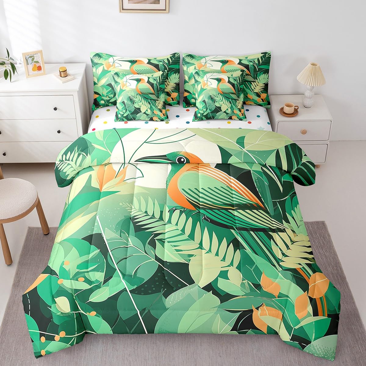 Erosebridal Cartoon Toucan Bedding Set King Size, Palm Leaf Plant Comforter Set, Summer Hawaiian Tropical Kids Teens (Comforter+Fitted+Flat Sheet+2 Pillowcases+2 Throw Pillow Covers) 7 Pieces Bed Set