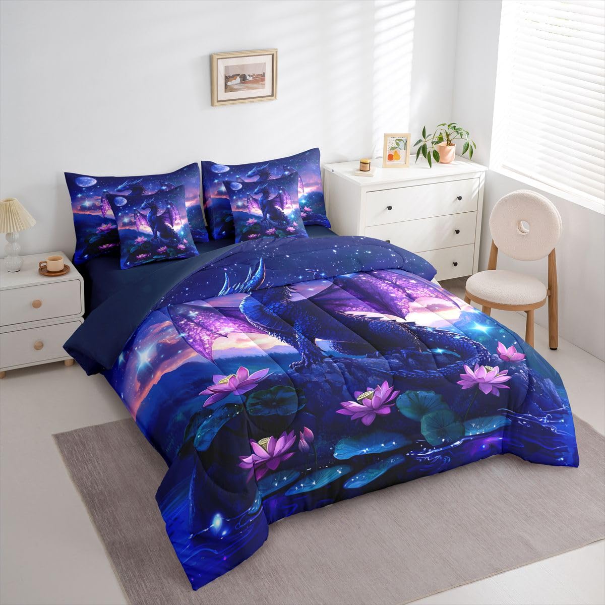 Feelyou Dragon Comforter Set with Sheets 7 Piece Twin Size Dragon Stuff Bed in a Bag Kids Boys Girls Wild Life Bedding Set Magic Wildlife Bedroom Decor Purplish Breathable Soft Lightweight Microfiber