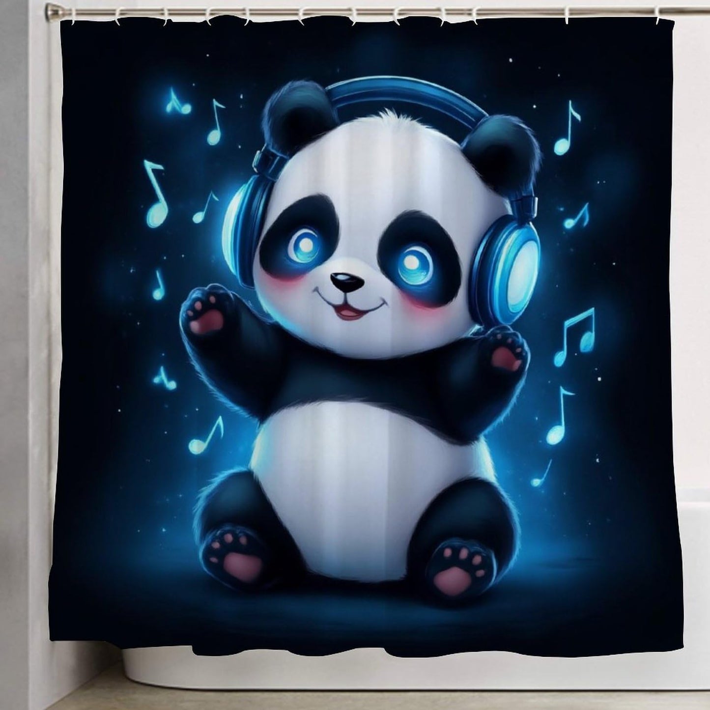 Fashion Bathroom Decoration Shower Curtain Set with Curtain Hooks Animal Headphones Music Cute Panda, 72"x 70"