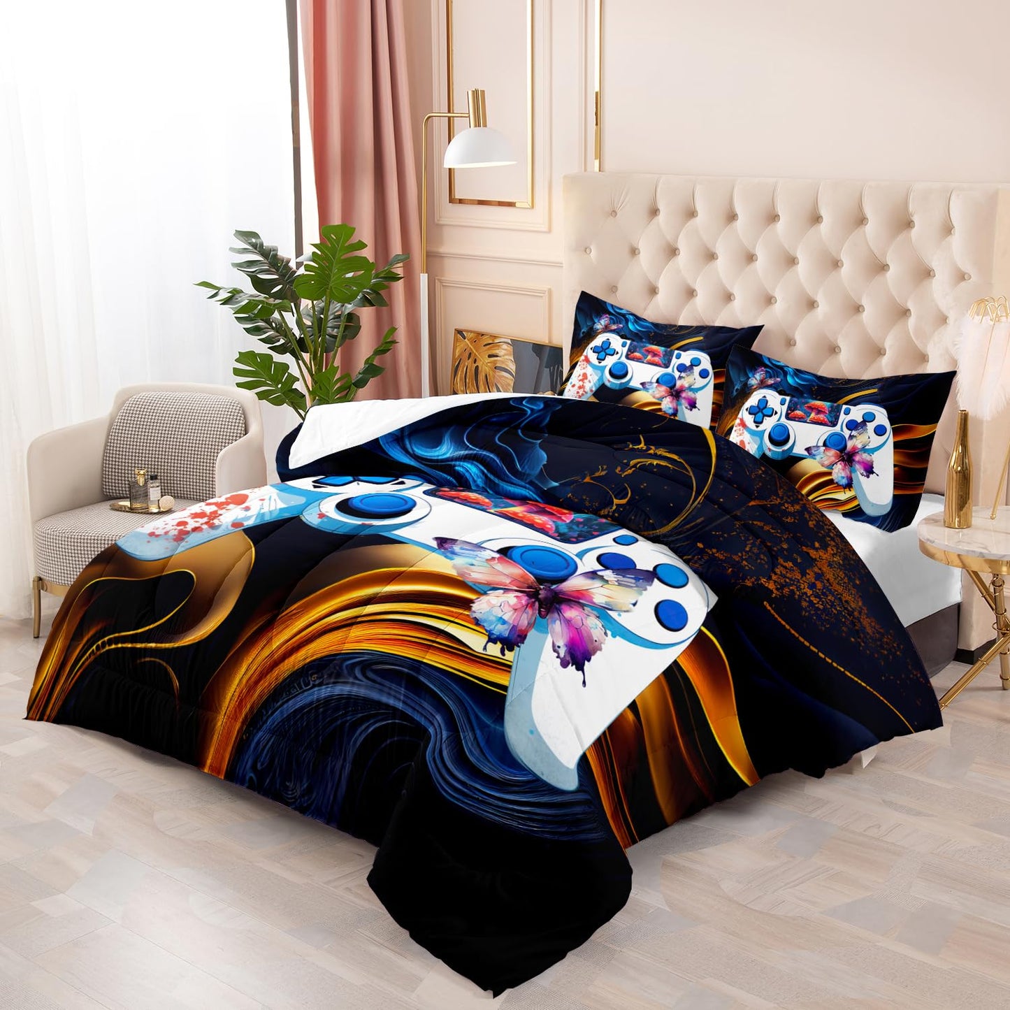 Nttopshi Gamer Comforter Set Queen Gaming Comforter Set 3pcs Bedding Set for Boys Girls Kids Mushroom Floral Down Alternative Soft Lightweight Comforter with 2 Pillowcases All Season