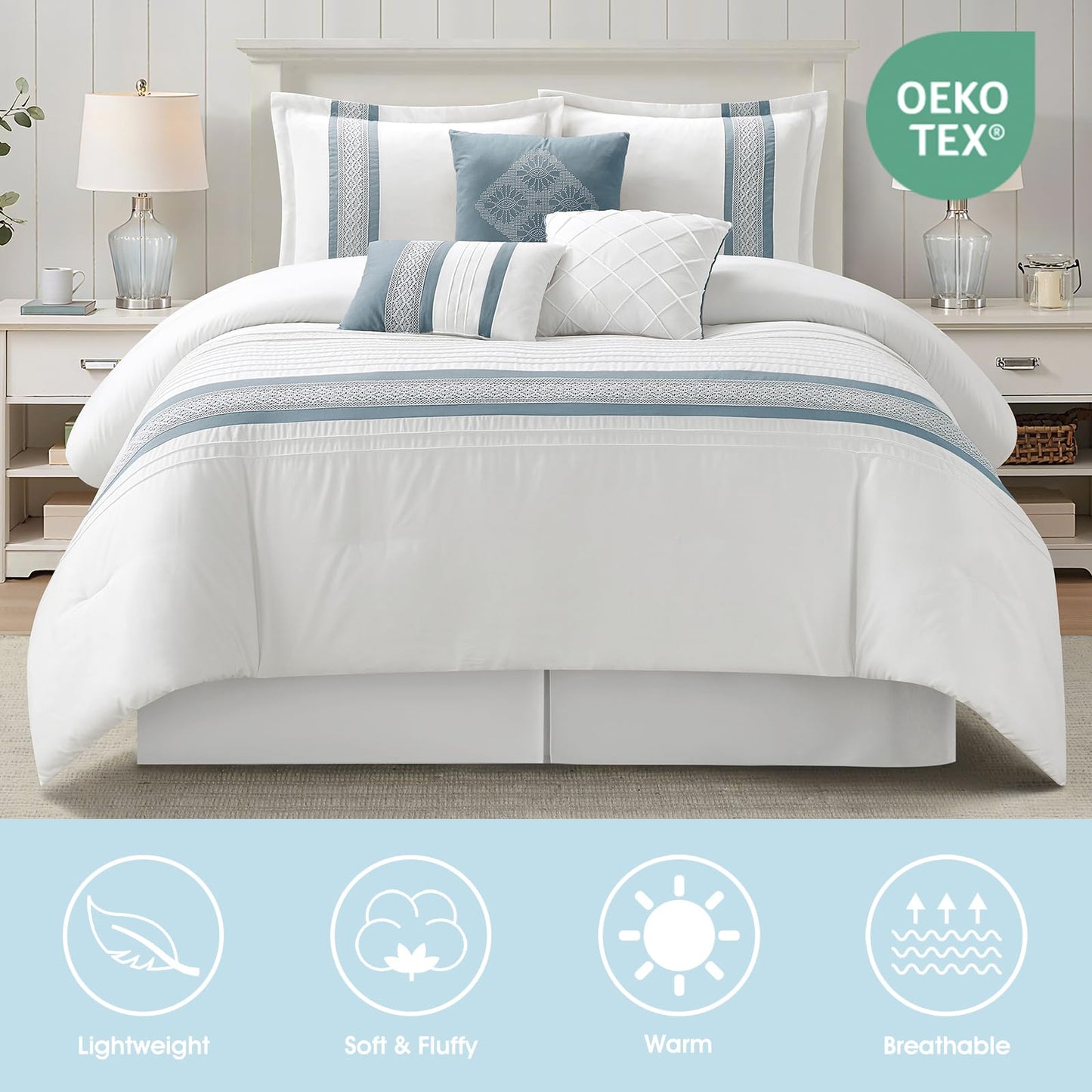 LANCO MODERN LIFESTYLE 7 Piece Comforter Set, Blue White, Queen Size, Boho Style Geometric Microfiber Embroidery, Bed in a Bag with Bedskirt, Pillow Shams and Decor Pillows