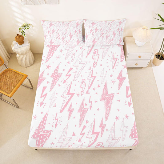 Castle Fairy Pink Lightning Fitted Sheet Queen Size (No Flat),Stars Dot Bedding Sets 3Pcs,Girls Boys Adult Room Decor,Plaid Lightning Bed Cover Princess Dreamy Deep Pocket Sheet,2 Pillowcases