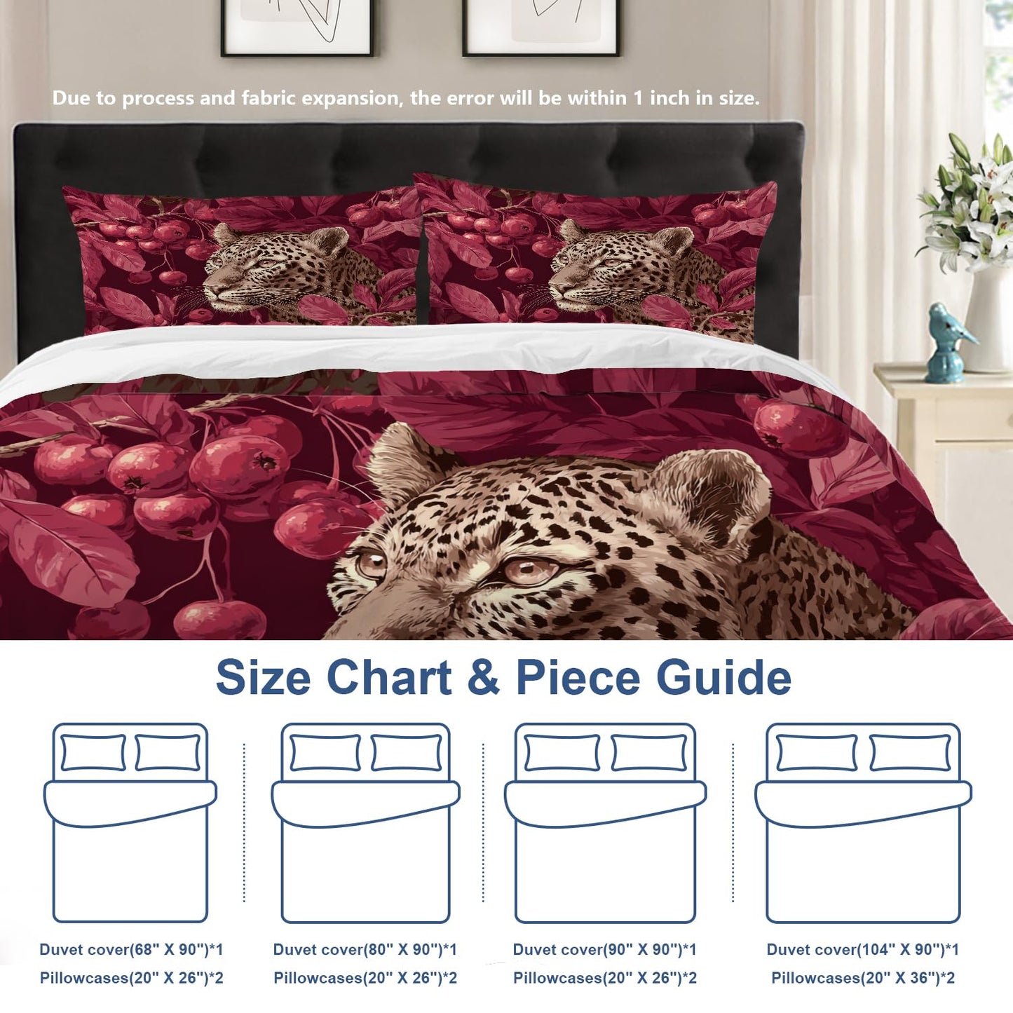 Batmerry Cute Leopard King Size 100% Cotton Duvet Cover Sets, in Red Berries Bedding Set with Zipper Closure Corner Ties, 3 Pieces (1 Cover + 2 Pillowcases No Comforter)
