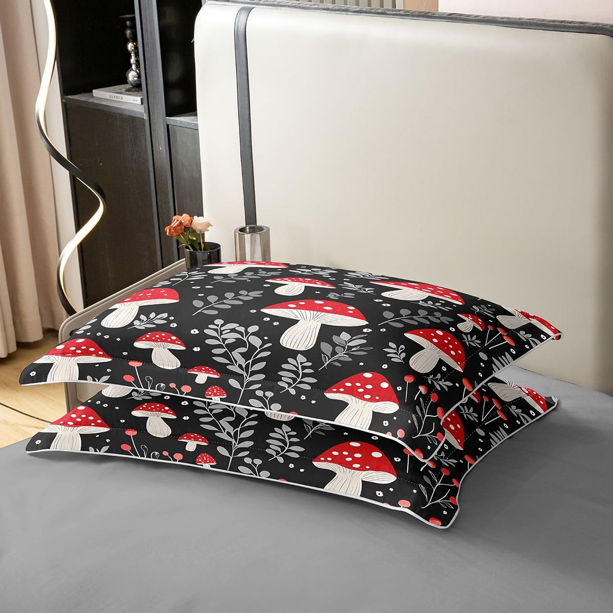 100% Cotton Cute Mushroom Duvet Cover Queen, Cartoon Botanical Plants Bedding Set for Kids Girls Boys, Kawaii Black Red Comforter Cover, Mushrooms Natural Wild Fungus Bedroom Decor Quilt Cover