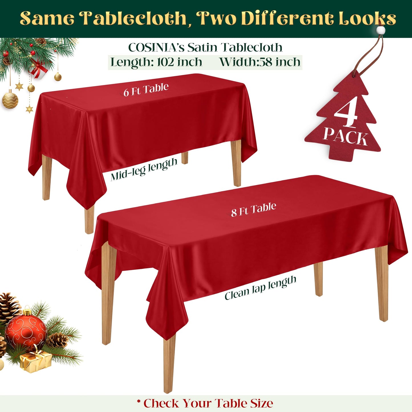 COSINIA 4 Pack Red Satin Tablecloth 58 x 102 Inches, Rectangular Satin Table Cloths for Wedding Reception, Birthday Party, Graduation & Holiday Banquet Tables