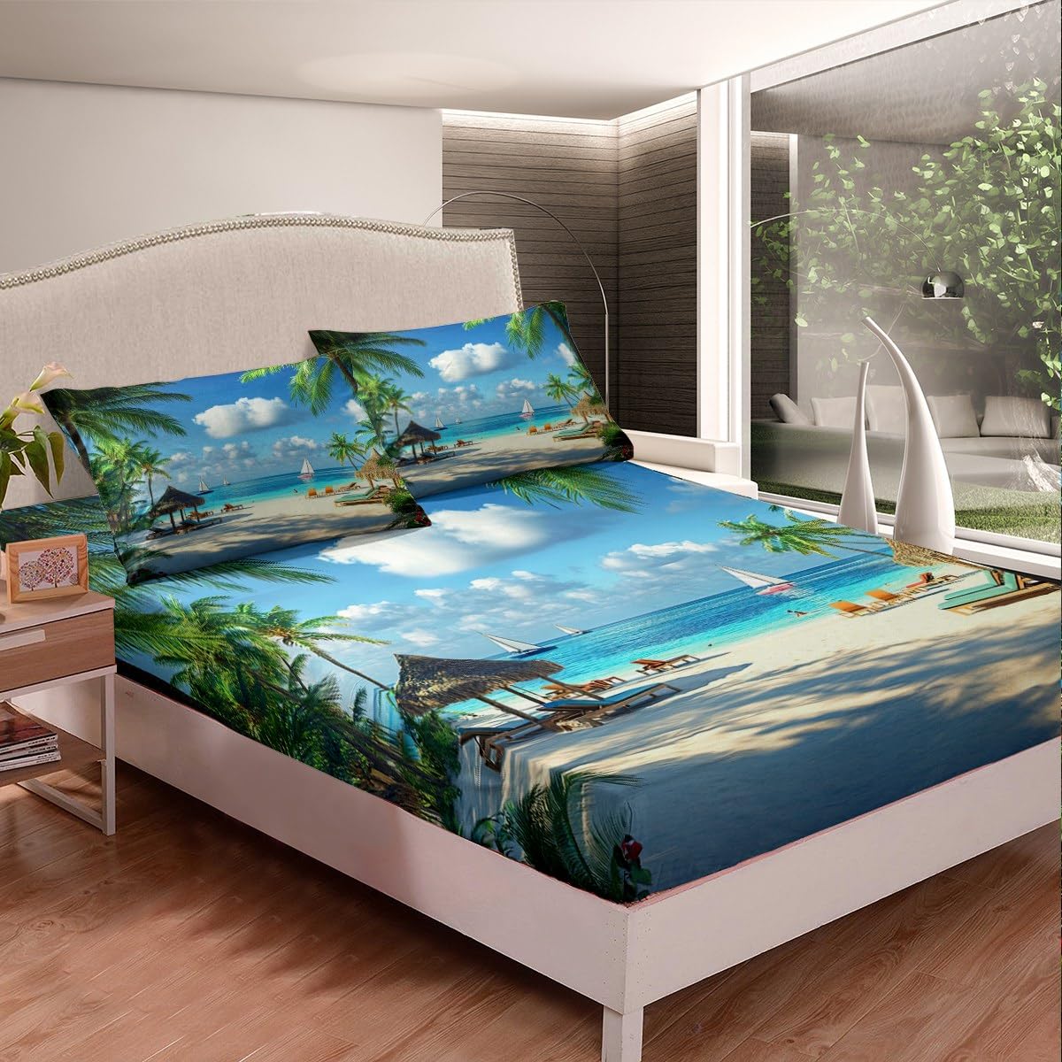 jejeloiu Hawaiian Beach Fitted Sheet Full Size Kids Palm Leaf Bed Sheets Set for Boys Girls Teens Sea Ocean Wave Summer Coastal Natural Scenery Bedding Set Room Decor