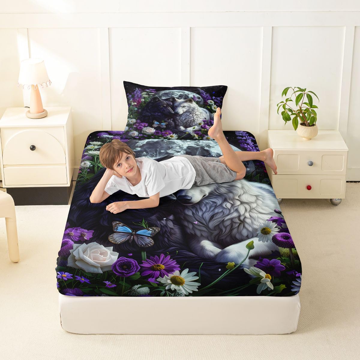 Feelyou Wolf Fitted Sheet with 1 Pillowcase Twin Size Halloween Themed Bed Sheets Set 16" Deep Pocket Boys Girls Trick or Treat Bedding Teens Bedroom Decor Breathable Soft Lightweight Microfiber
