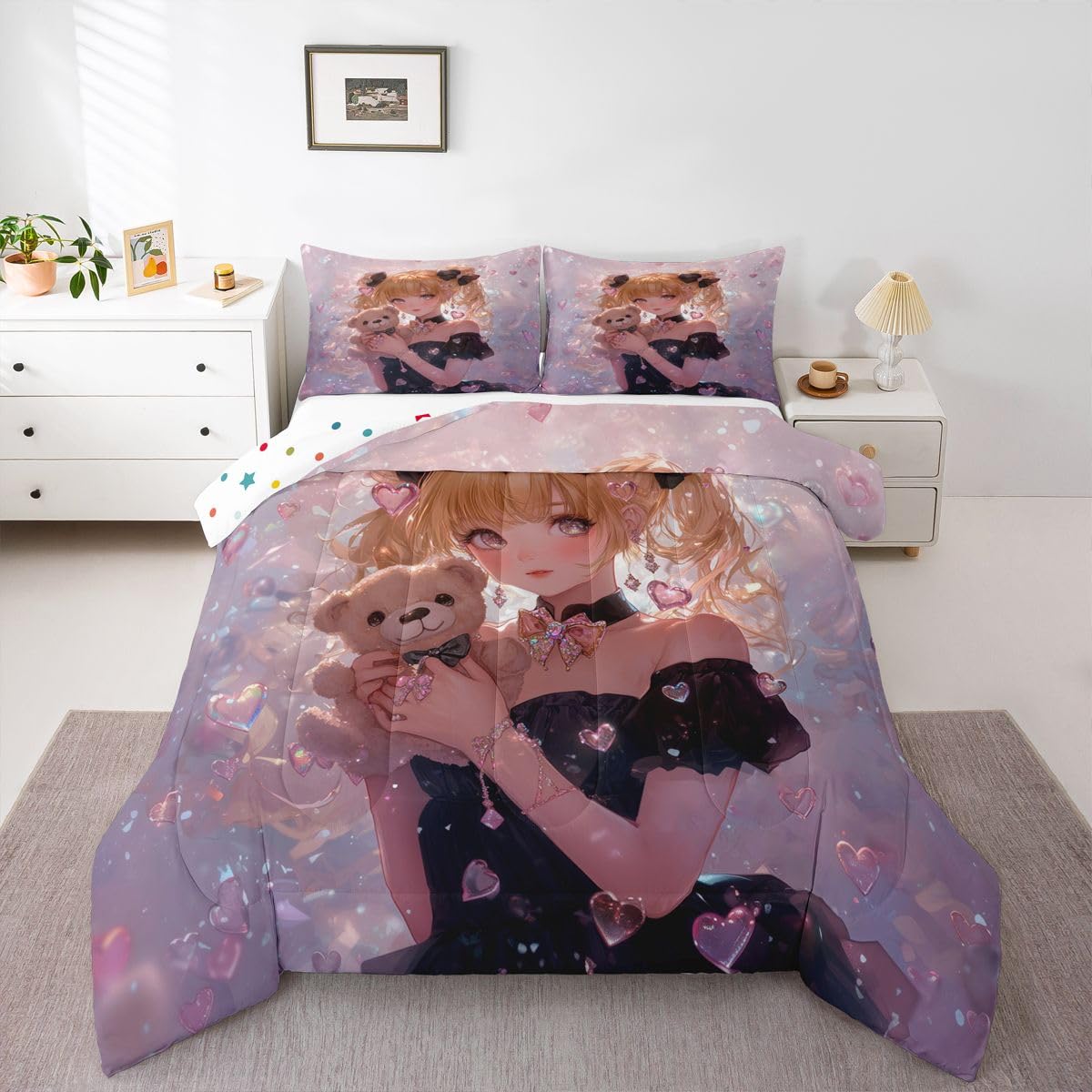 Erosebridal Bow Girls Twin Down Comforter Pink Kawaii Cartoon Anime Kids Comforter Set with 1 Pillow Case,Romantic Aesthetic Princess Bedding Set Japanese Style Girl Bed Set