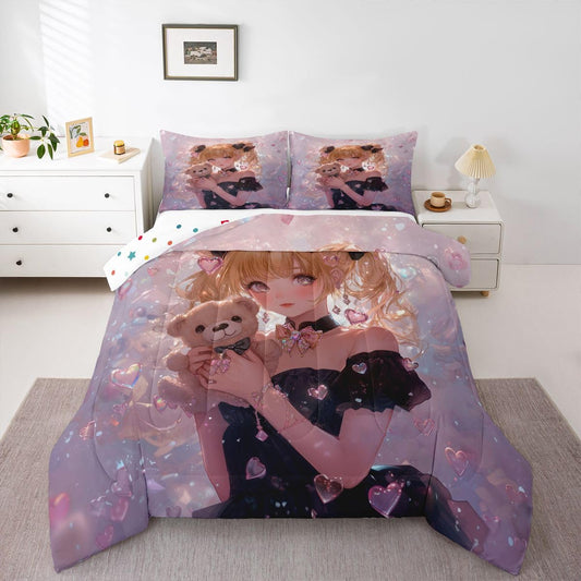 Erosebridal Bow Girls Twin Down Comforter Pink Kawaii Cartoon Anime Kids Comforter Set with 1 Pillow Case,Romantic Aesthetic Princess Bedding Set Japanese Style Girl Bed Set