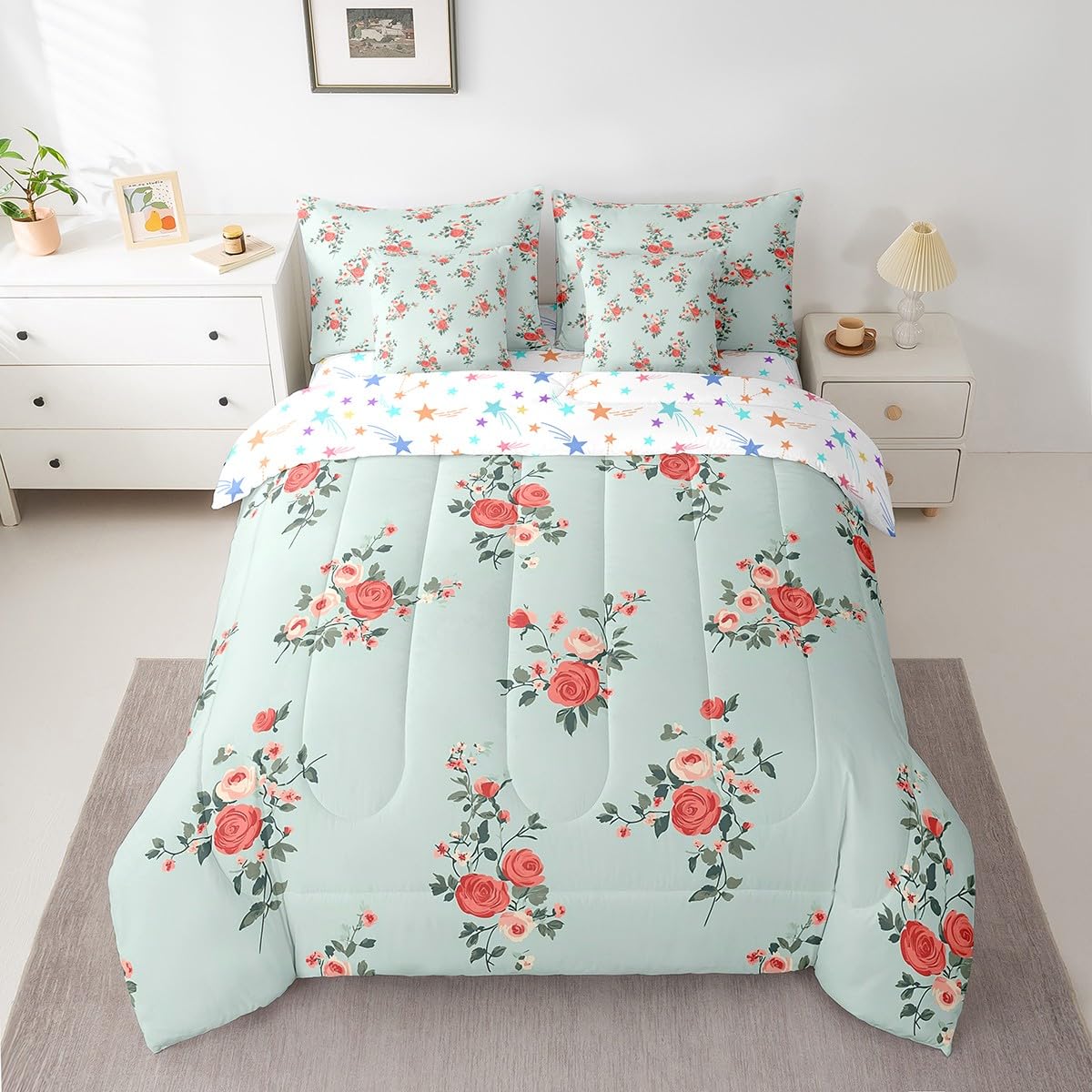 jejeloiu Kids Cute Rose Comforter Set 7 Pieces Full Size Flower Floral Bedding Set for Boys Girls Nature Spring Bed Set Bed in a Bag with Comforter, Sheets, Pillowcases & Cushion Covers