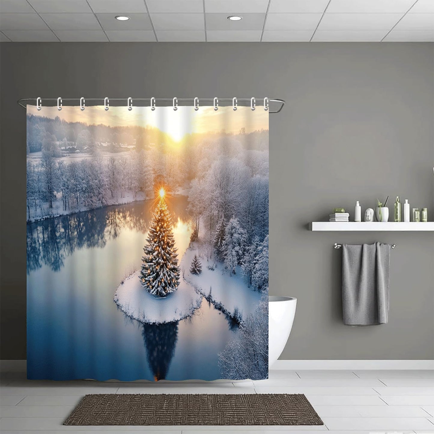 ZROLUW Christmas Snow Scene Shower Curtain,48" W x 72" L Shower Curtains for Bathroom, Fabric Bath Curtain Sets Decor with Hooks