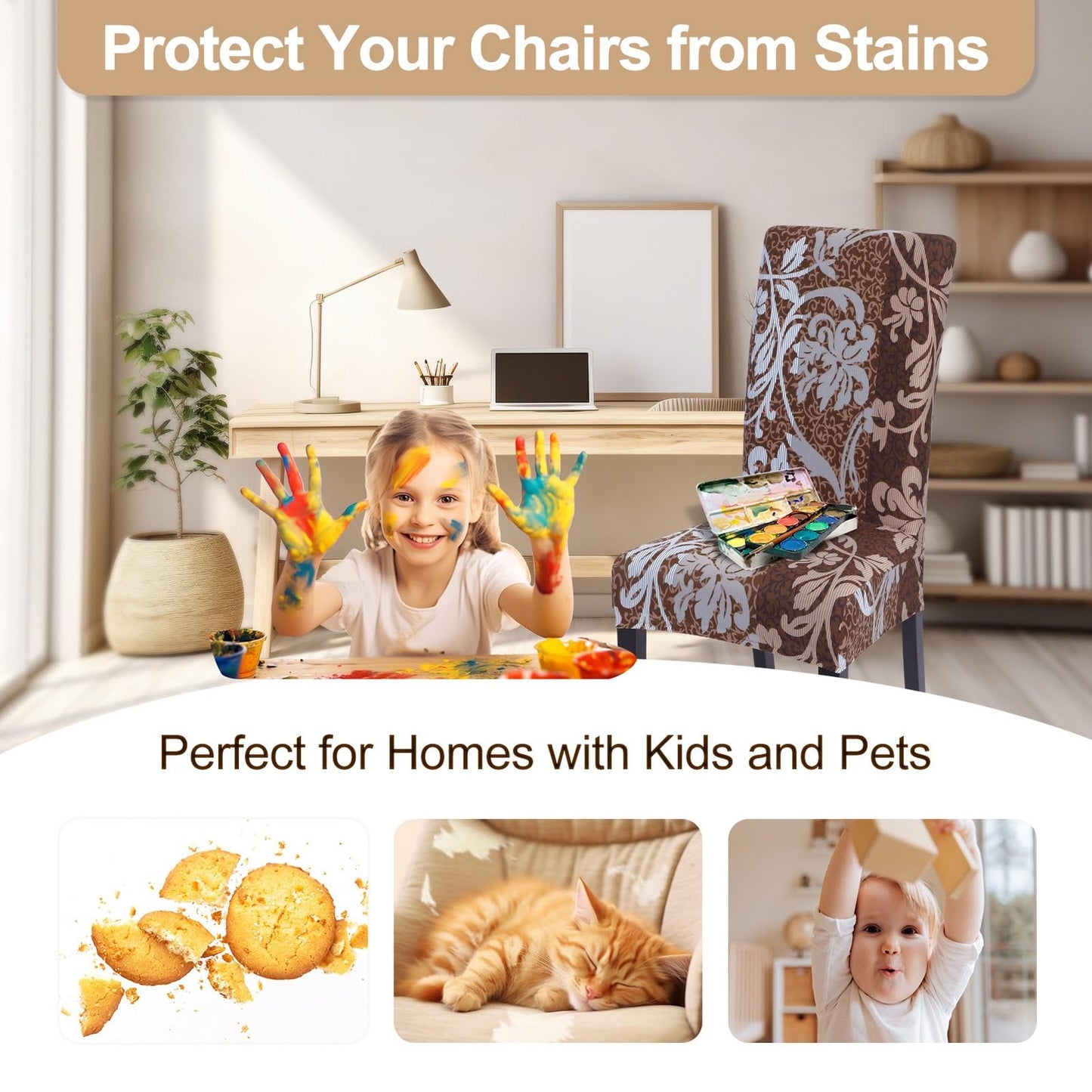 SearchI Dining Room Chair Covers Set of 4, Stretch Printed Parsons Chair Slipcovers Removable Washable Kitchen Chair Protector Cover for Dining Room, Hotel, Ceremony (Brown+Flower)