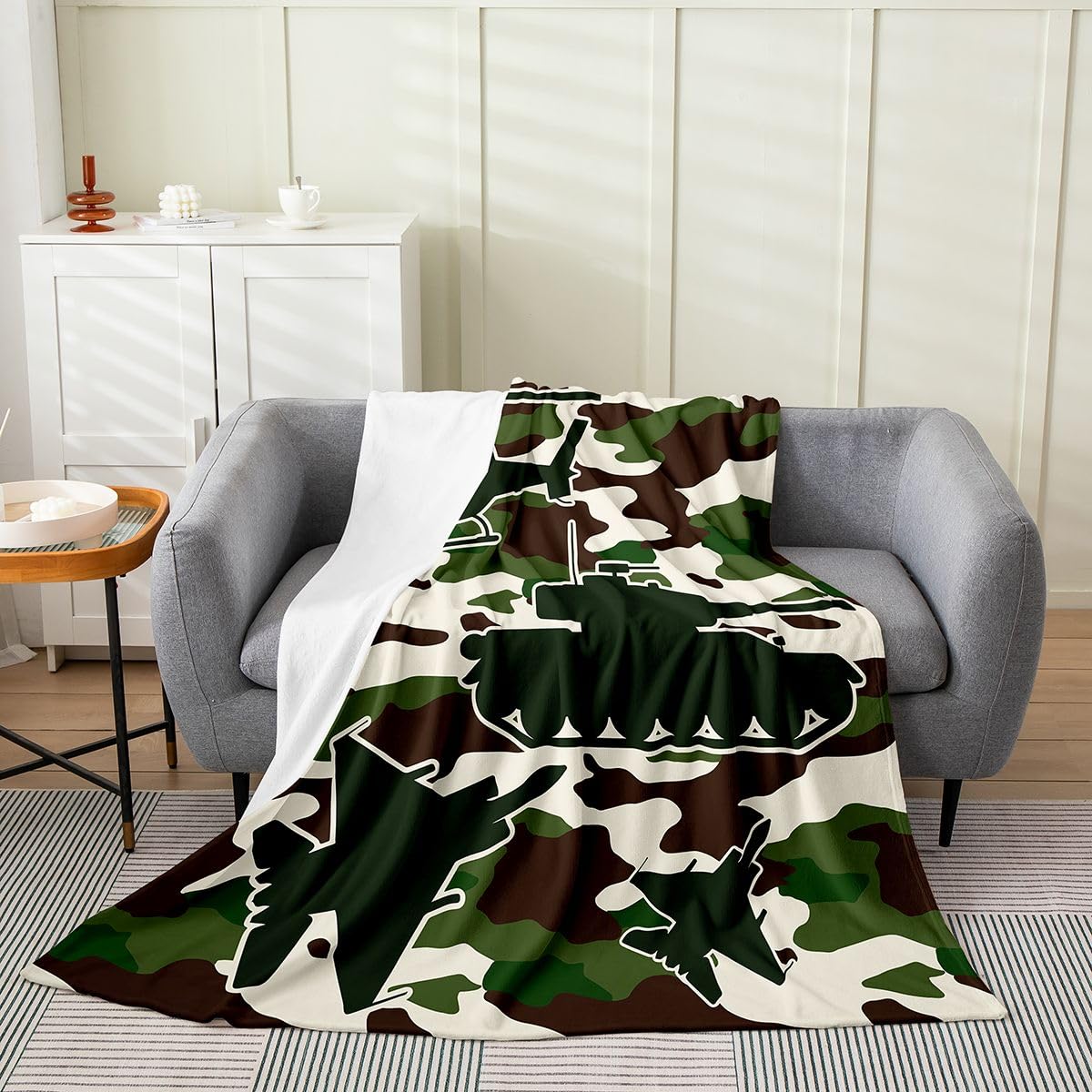 Erosebridal Camo Military Vehicle Flannel Blanket Throw 50x60 Inch Tank & Jet Silhouette Fleece Blanket Boys Men Modern Army Aircraft Fuzzy Plush Throw Kids Adults Camouflage Art Decor