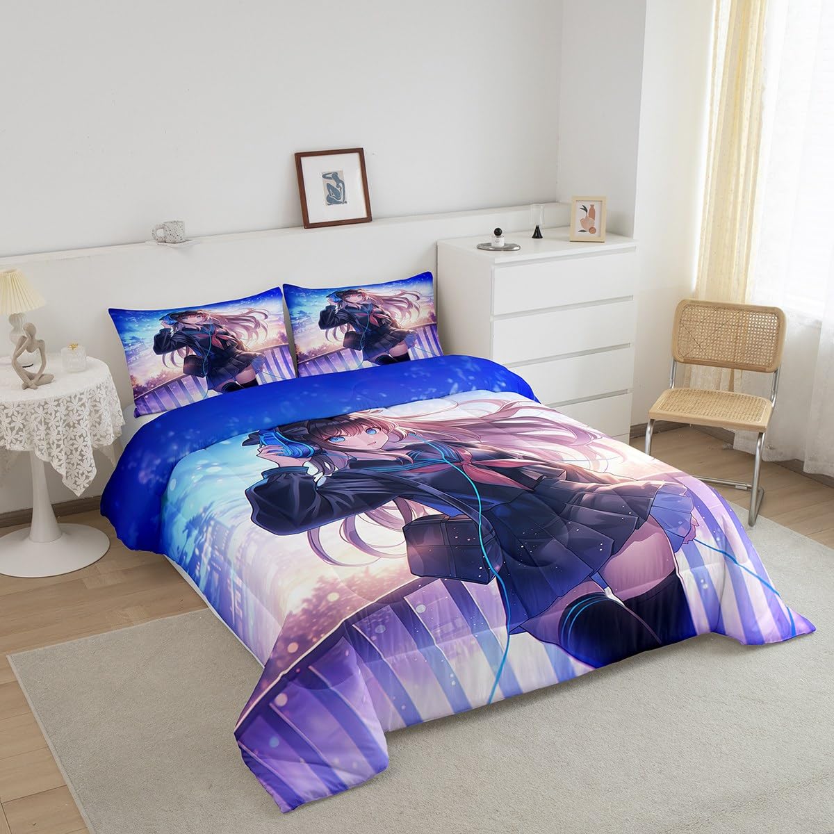 Erosebridal Anime Girl Bedding Set Full Size, Japanese Anime Comforter Set for Kids Boys Teens Bedroom Decor, Cartoon Girl Duvet Insert Kawaii Japanese Animation Quilt with 2 Pillow Cases