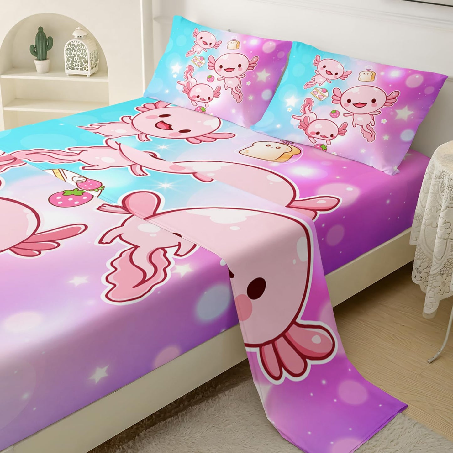 QOOMO Pink Axolotl Microfiber Flat Fitted Sheets Set for Children Strawberry Cake Super Soft Kids Bedding Set Gradient Bubble Room Decoration Queen Size 1 Fitted Sheet, 1 Flat Sheet, 2 Pillow Cases
