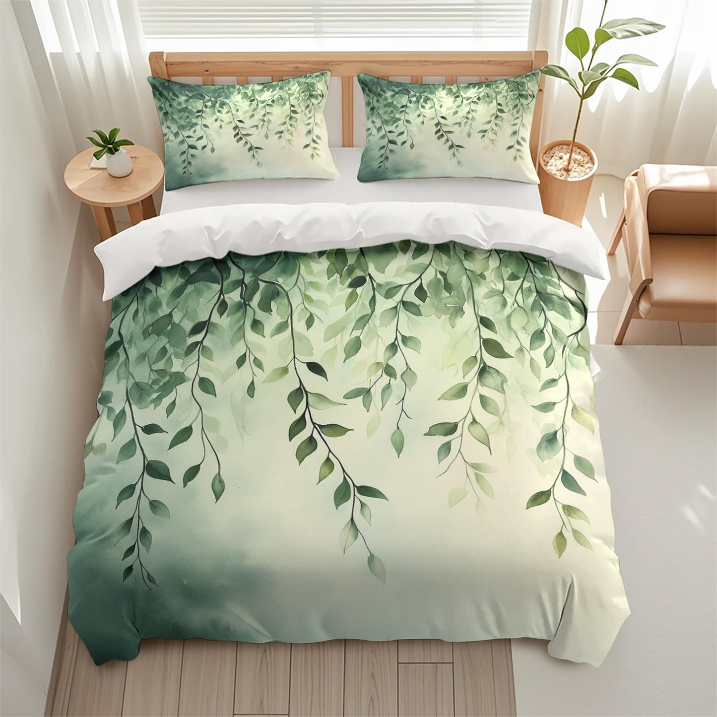 TEERRLLTW Floral Botanical Boho Flower Designed Duvet Cover Set, 3 Piece Soft Bedding Set (1 Duvet Cover and 2 Pillowcases), Floral Comforter Cover Set (Greenery Willow Leaves, Full (80" x 90"))