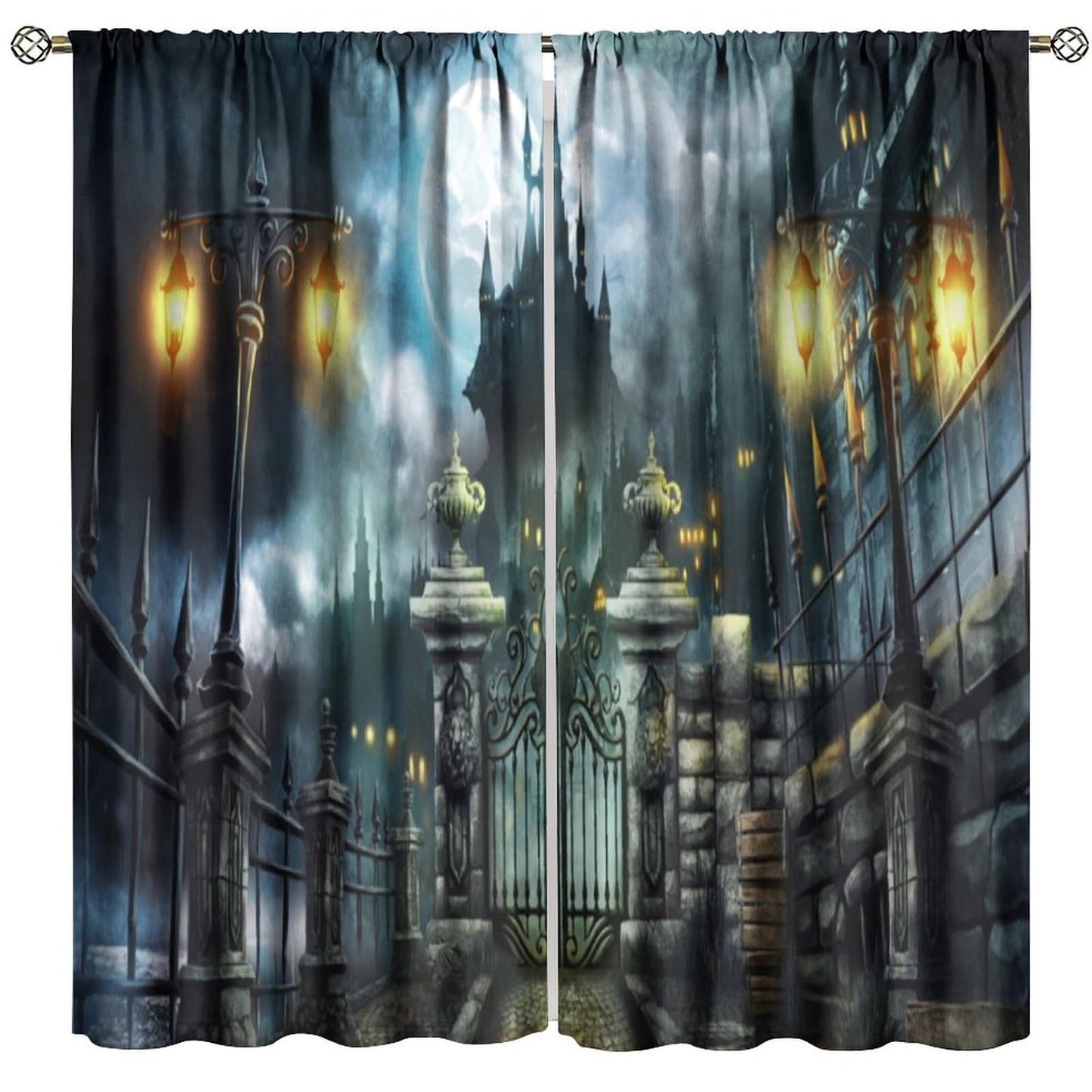HZOHNAGO Castle Curtain Halloween Gothic Pattern Print Decor Rod Pocket Window Drapes for Bedroom Living Room 42x45in