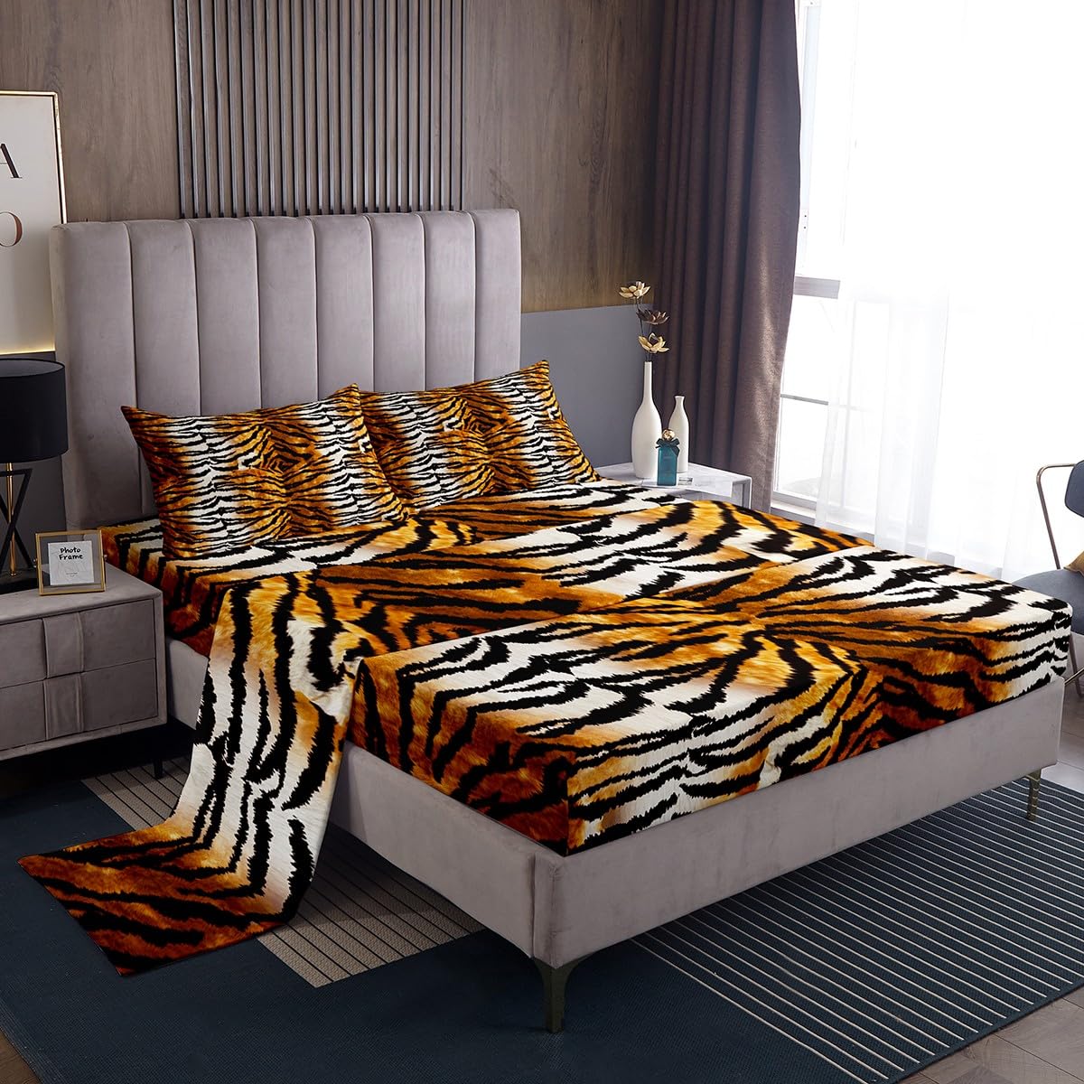 Tiger Fur Bed Sheets Full Brown Black Tiger Print Sheet Set for Kids Boys Girls Gorgeous Animal Skin Bedroom Decor Bedding Set Safari Animal Theme Fitted Sheet + Flat Sheet + 2 Pillowcases Ultra Soft